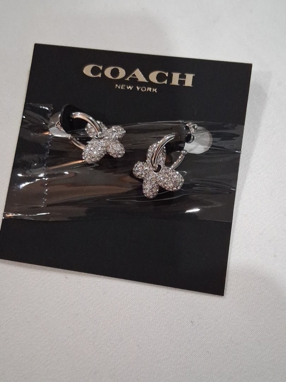 COACH Silver Crystal Flower Drop Earrings - Silver Pavé Floral Hangs